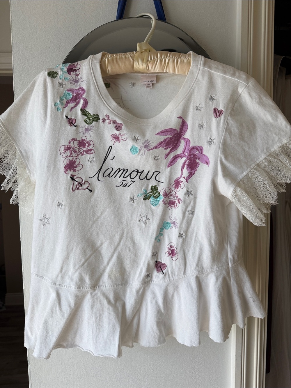 cinq a sept White Floral Lace Peplum Tee with Pink & Teal Accents